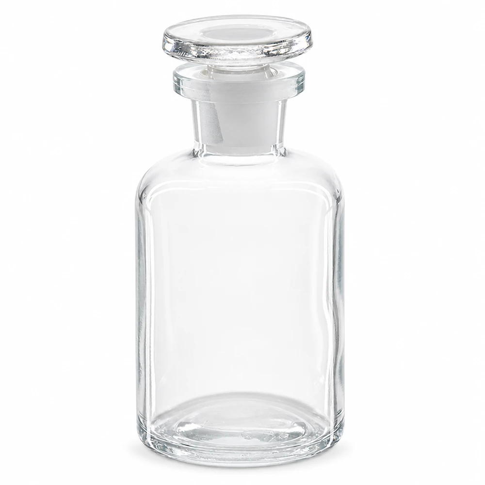 Apothekersfles 50 ml nauwe hals helder glas incl. glazen stop 50 ml apothekersfles van helder glas, met ronde schouders en smalle hals, voorzien van een glazen stop