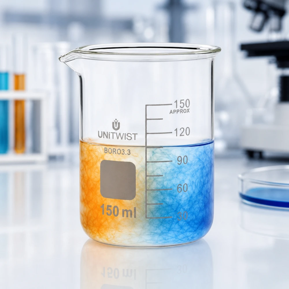 UNiTwist-bekerglas van 150 ml, laag model, van borosilicaatglas met een oranje oplossing in het laboratorium