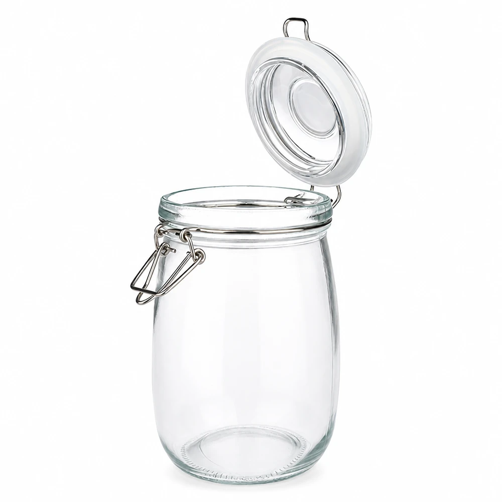 1000 ml voorraadpot type S met scharnierende top UN. Ronde voorraadpot van helder glas met metalen handvat en rubberen afdichting 1000ml