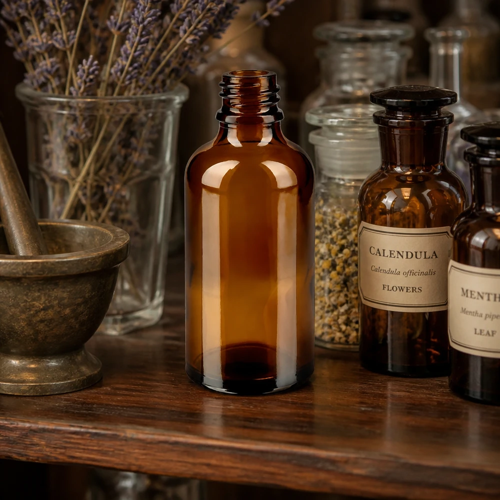 Bruine glazen fles 50ml 50ml bruin apothekersflesje ApoGlas tussen potjes calendula en lavendel in een traditioneel medicinaal kruidenatelier