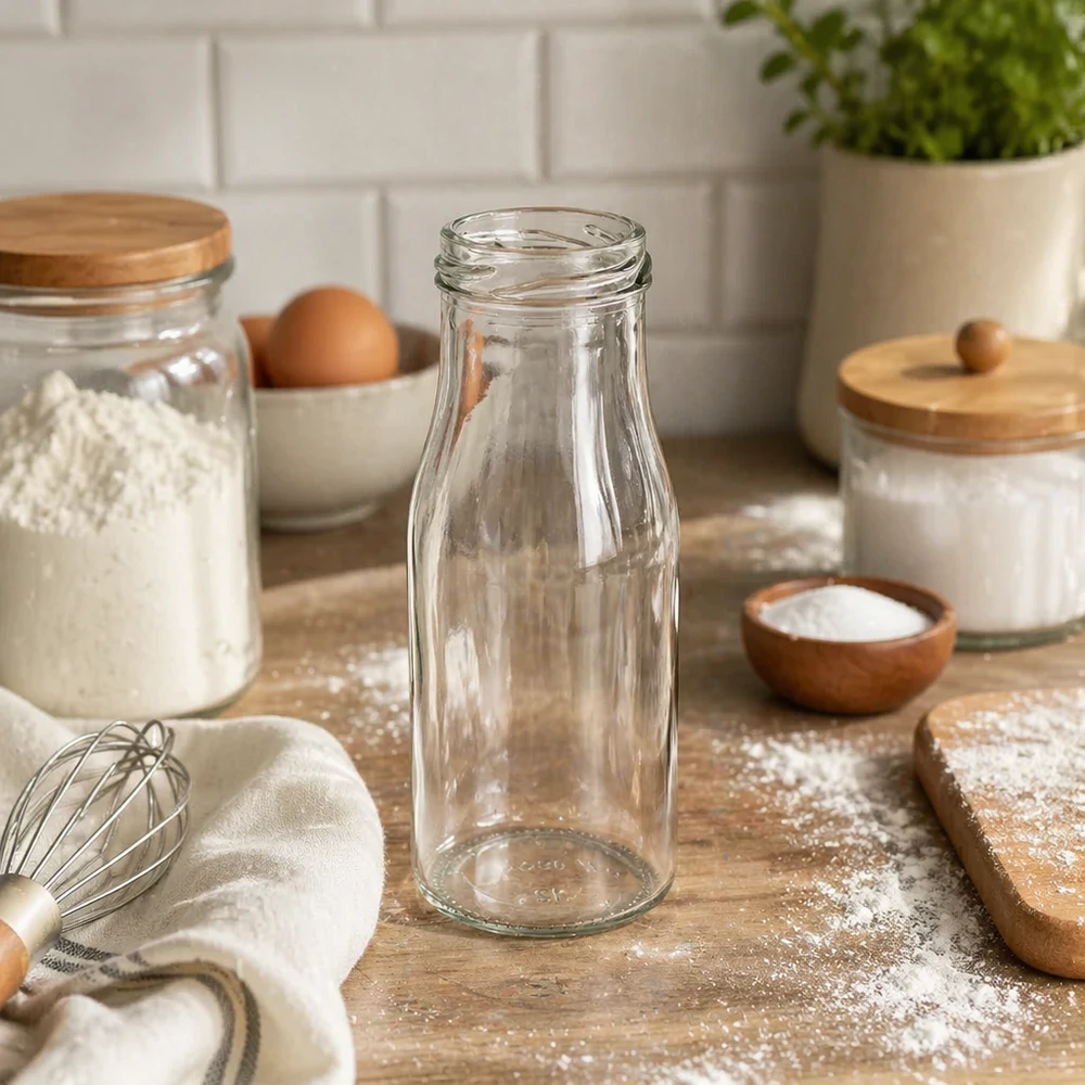 150ml fles zonder deksel (TO43) UNiTWIST UNiTWIST Bottle150 Glazen fles 150ml TO43 in moderne keuken met bakspullen en voorraadpotten