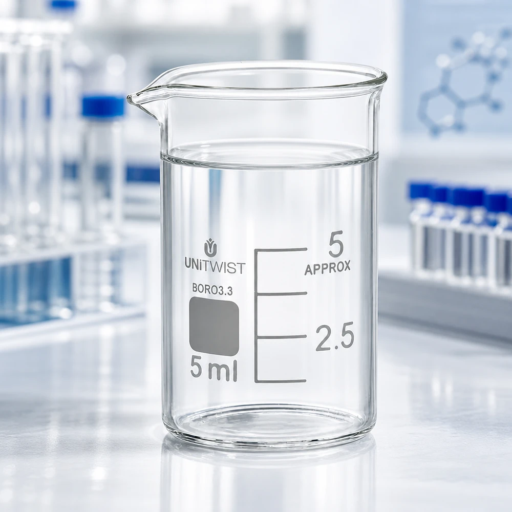 Beker 5ml borosilicaat, lage vorm UNiTWIST UNiTWIST bekerglas 5 ml, laag model, van chemisch bestendig borosilicaatglas 3.3