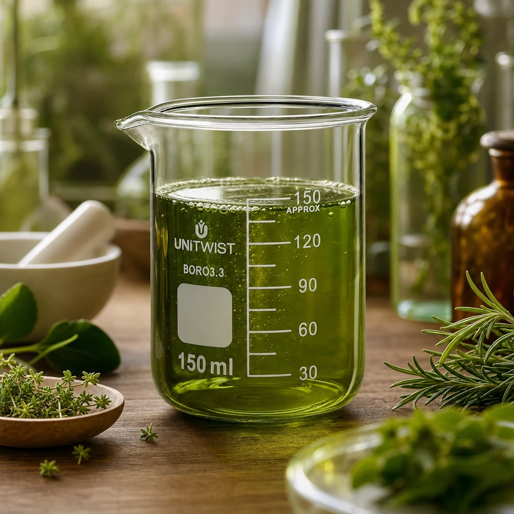 UNiTwist bekerglas 150 ml, laag model, borosilicaatglas met kruidenolie in een natuurlijke laboratoriumomgeving