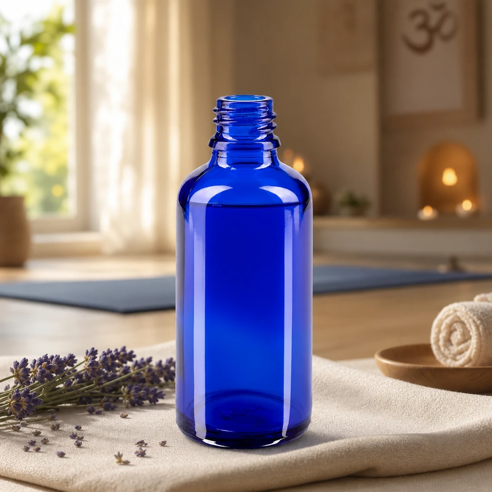 Blauwe glazen fles 50ml Veelzijdige ApoGlas apothekersfles van 50 ml in elegant blauw voor doe-het-zelf cosmetica en geneeskrachtige kruiden