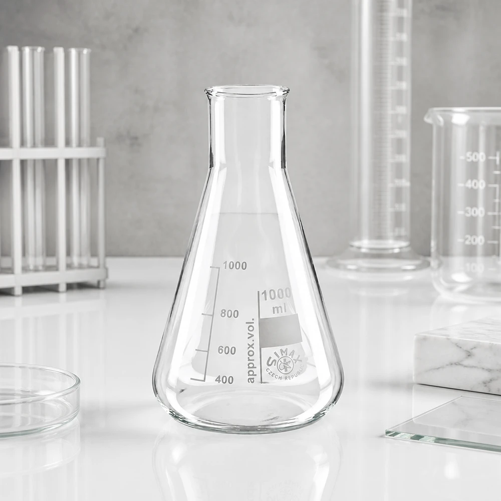 Erlenmeyer 300ml wijde hals borosilicaat met afgeronde rand Erlenmeyer 300ml wijde hals borosilicaat met afgeronde rand