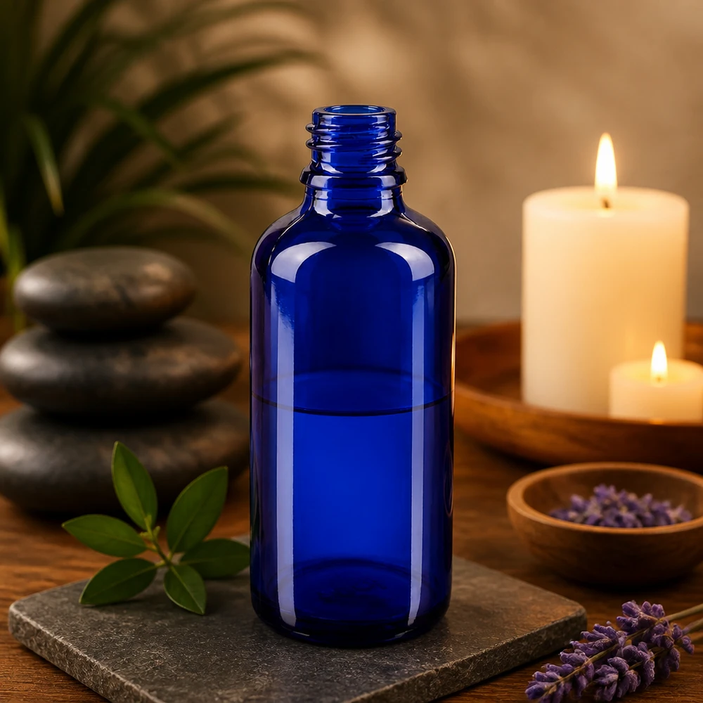Blauwe glazen fles 50ml Apothekersfles 50 ml ApoGlas in helder blauw voor doe-het-zelfcosmetica en zelfgemaakte tincturen
