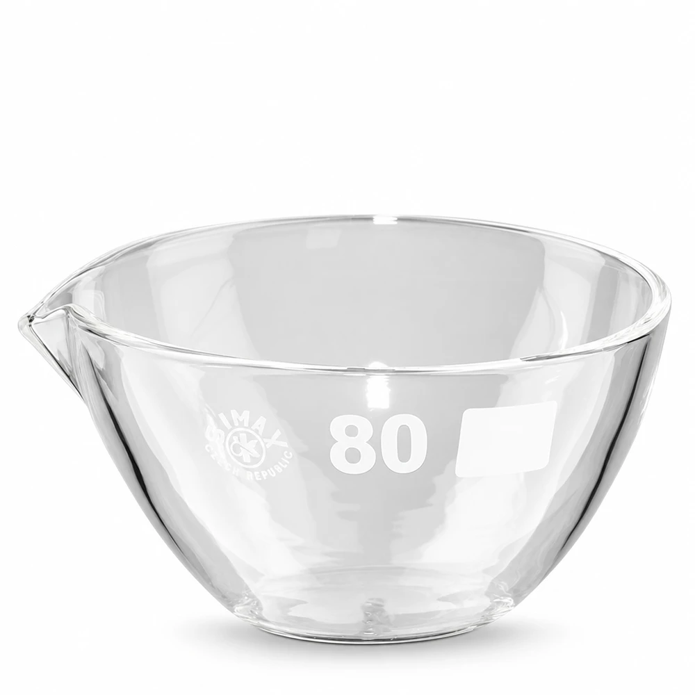Indampschaal 90ml van borosilicaatglas met schenktuit Compacte verdampingsschaal van 80 mm van borosilicaatglas met schenkhulp