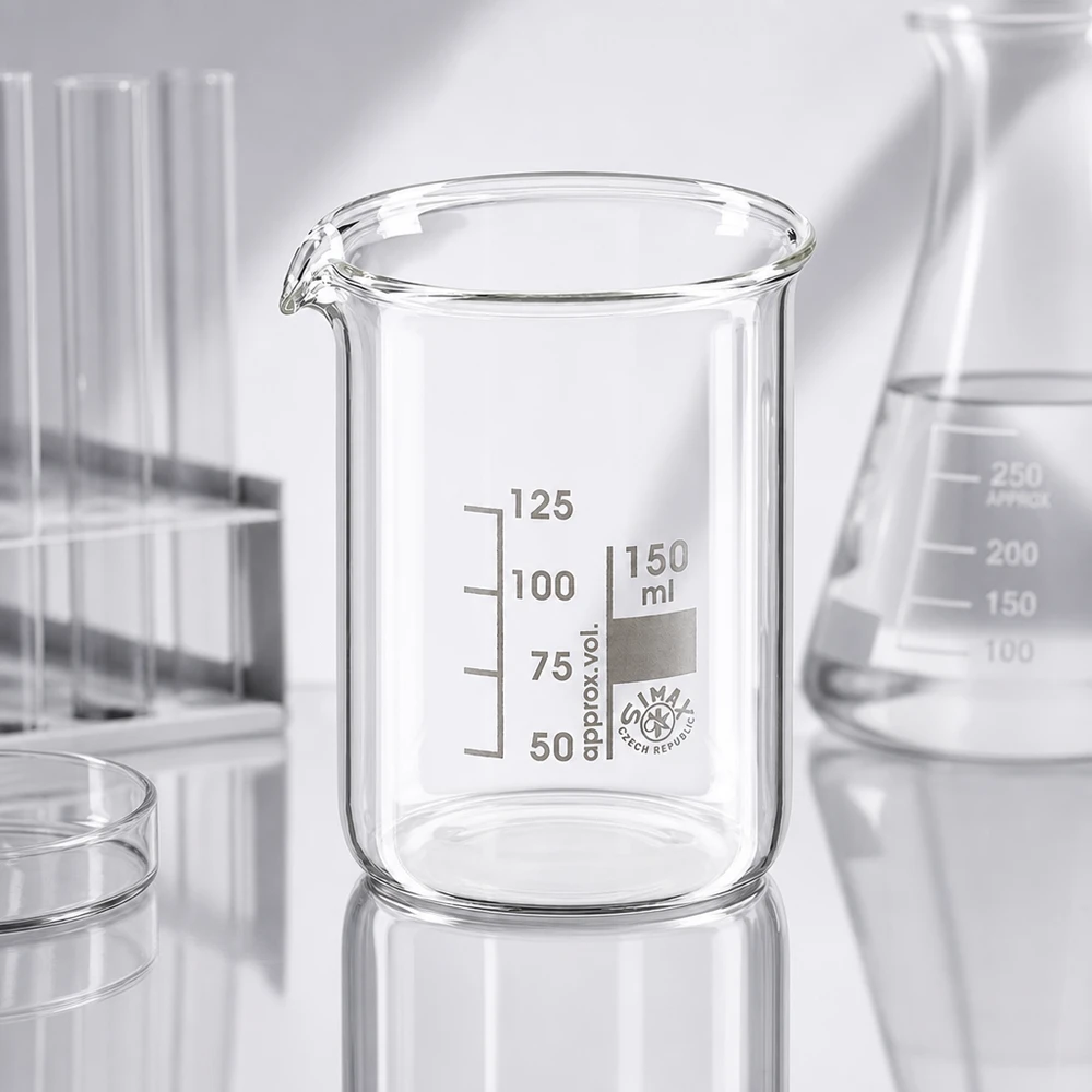 Bekerglas 150 ml van hittebestendig borosilicaatglas (laag model) Transparante beker van borosilicaatglas 150 ml met praktische schenktuit voor eenvoudig decanteren