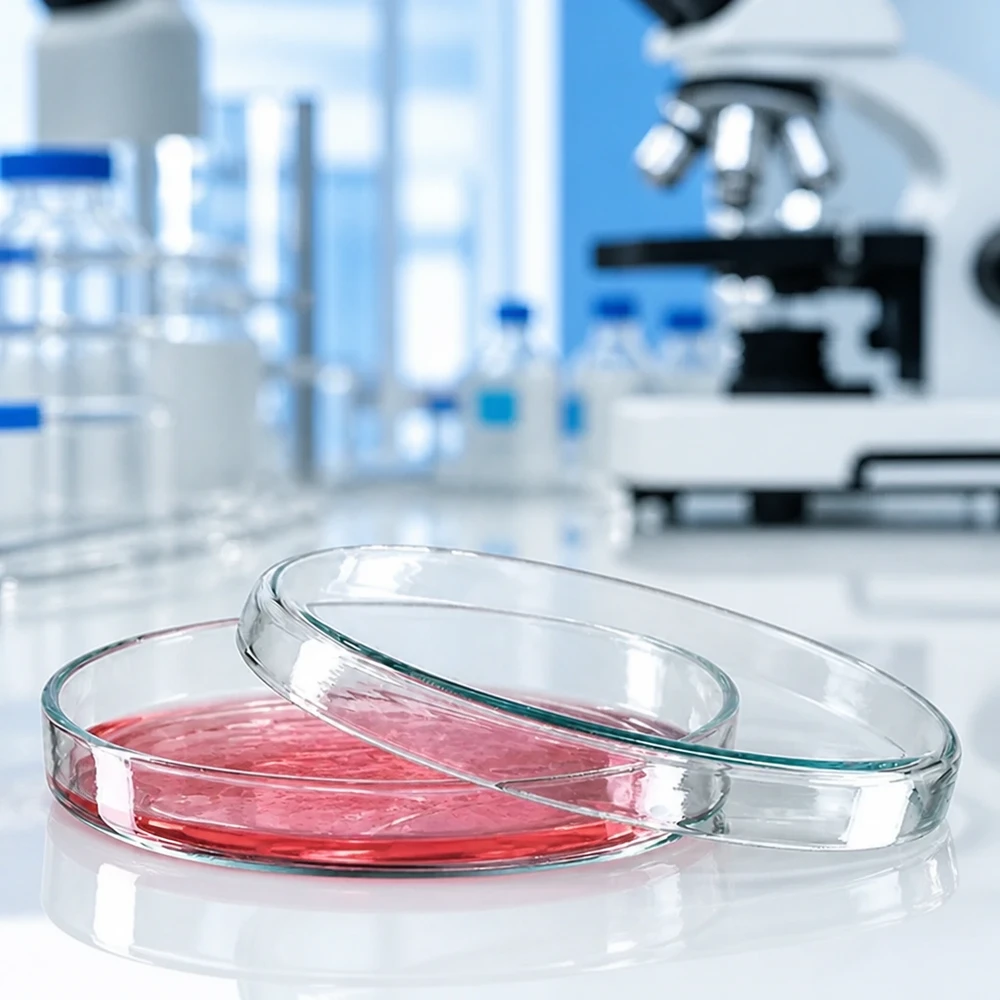 Doorzichtige petrischaal van 90 x 15 mm, van glas, met roze celmedium, voor een microscoop op de achtergrond