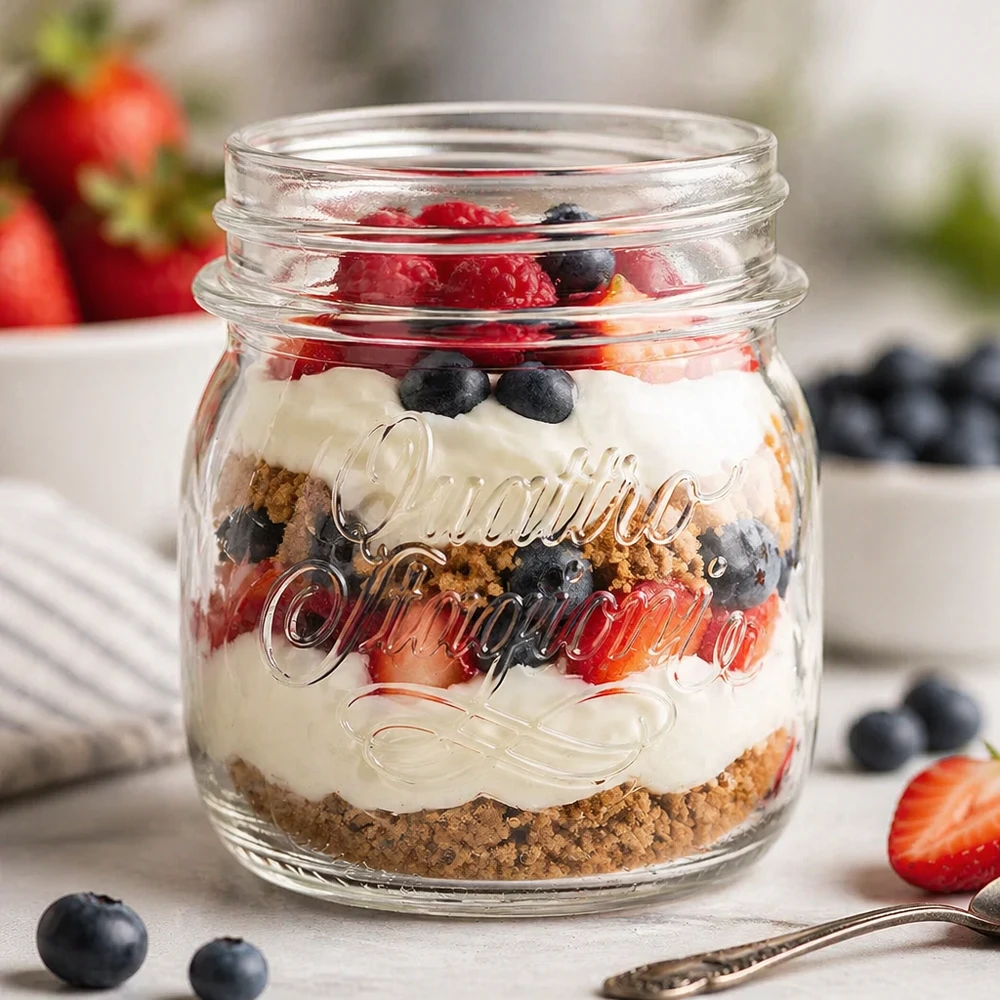 250ml huishoudglas "Quattro Stagioni" Quattro Stagioni 250 ml pot met gelaagd dessert van biscuitbasiscrème en bessen als huishoudpot om te bewaren