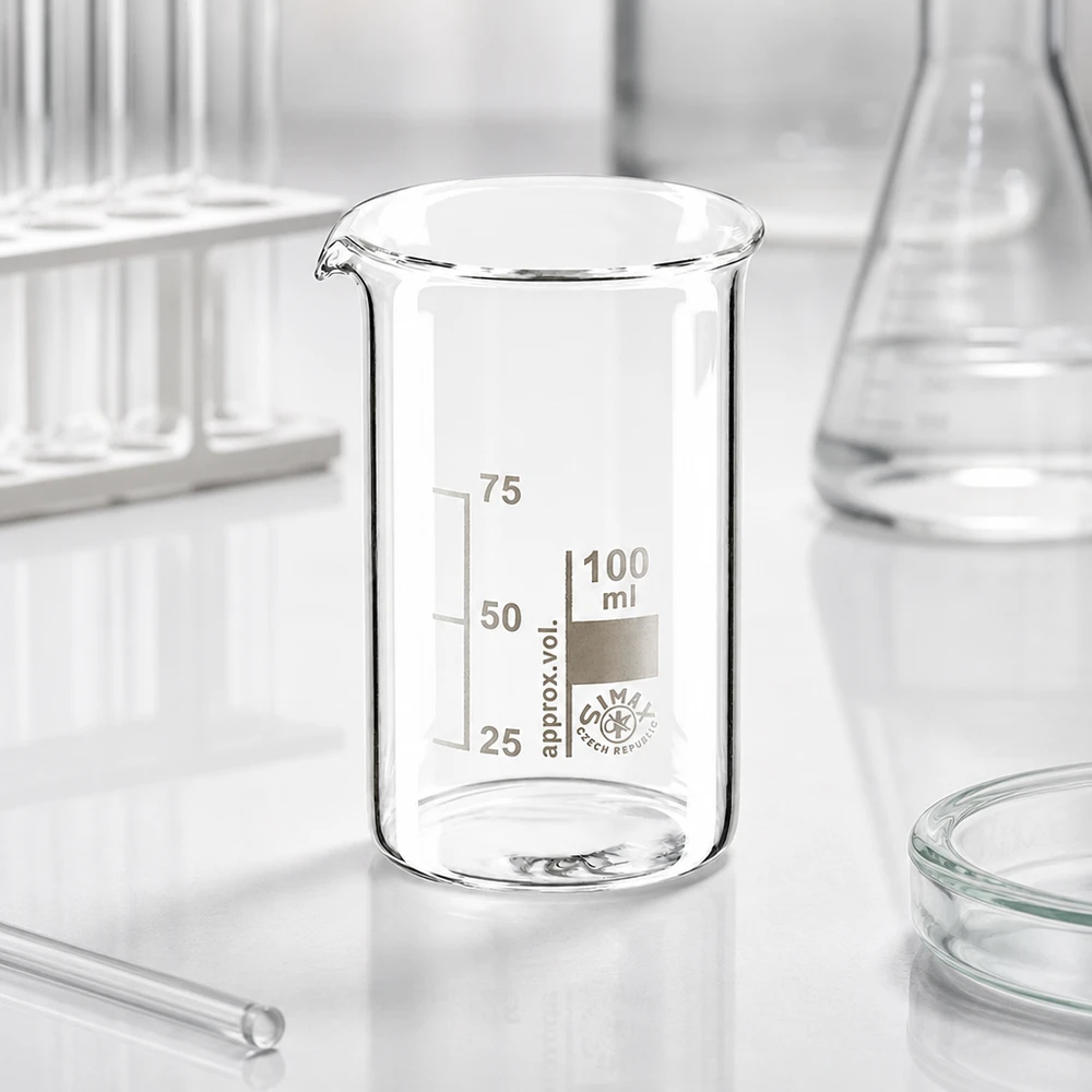 Bekerglas 100 ml van hittebestendig borosilicaatglas (hoog model) Hoog laboratoriumbekerglas van 100 ml, van borosilicaatglas, naast een glazen staaf en een petrischaal op een laboratoriumtafel