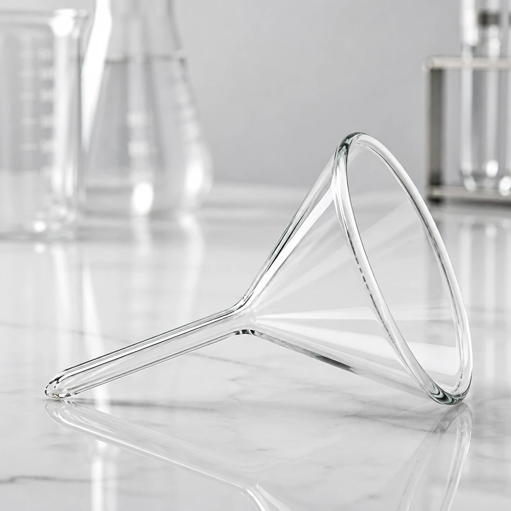 Glazen trechter Ø 40mm - kalk-soda-glas - 60° hoek Precieze 40 mm laboratoriumtrechter van hoogwaardig natronkalkglas met geoptimaliseerde trechtervorm van 60 graden