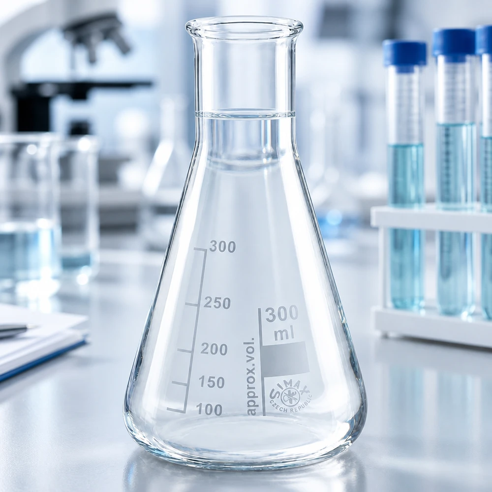 Erlenmeyer 300ml nauwe hals borosilicaat met afgeronde rand Erlenmeyer 300ml nauwe hals borosilicaat met afgeronde rand