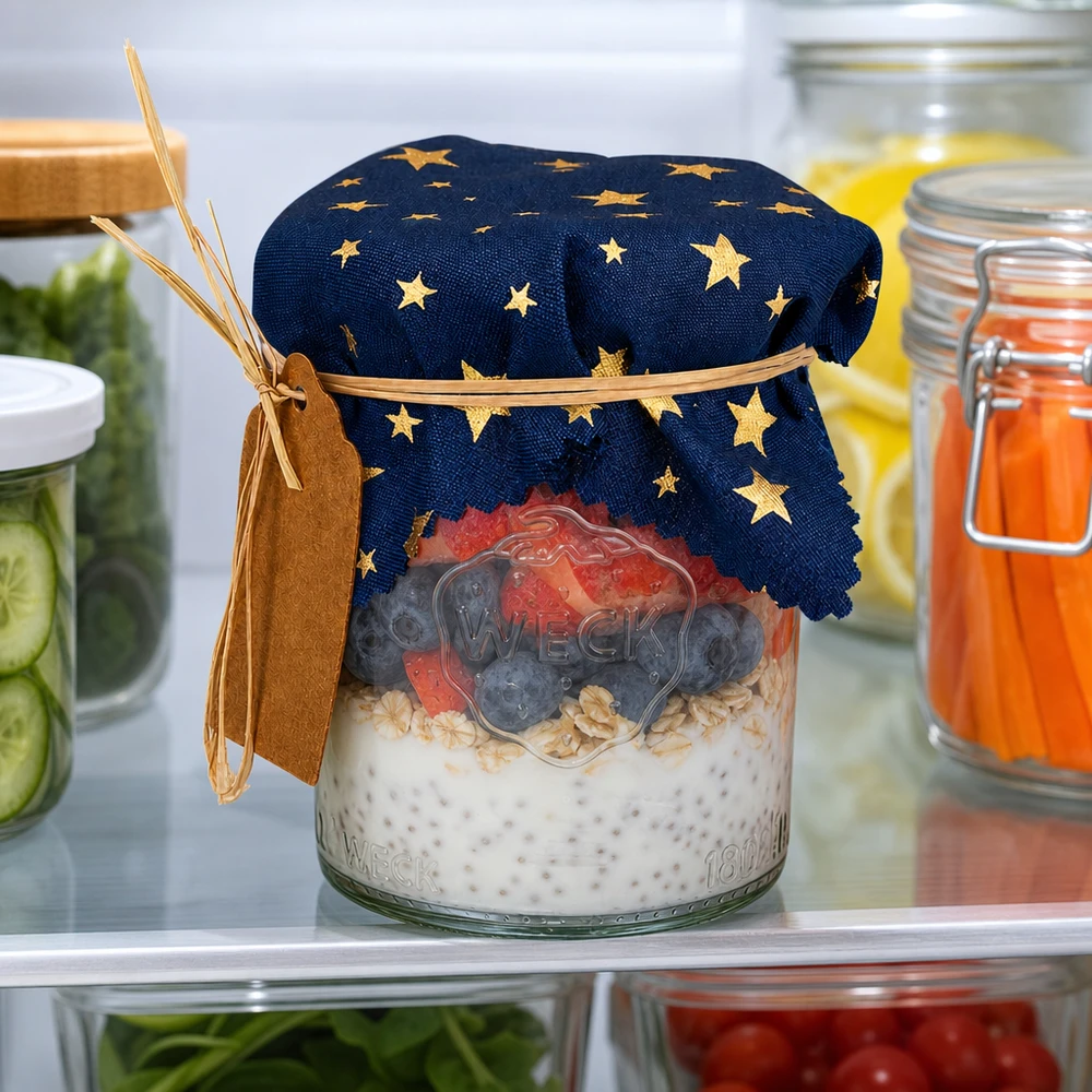 Koelkast opslag met blauwe ster stoffen deksel op overnight oats tussen verse komkommers en sappen