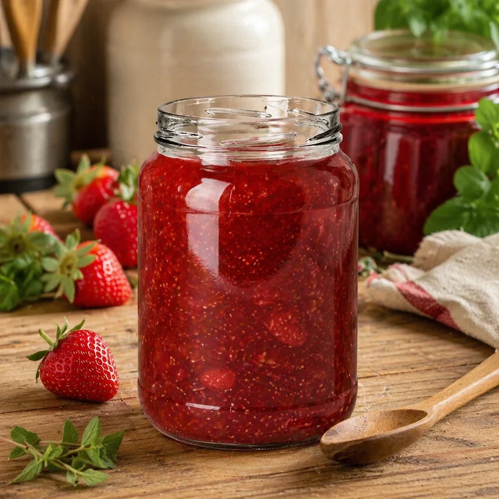 UNiTWIST Runda1700 pot gevuld met aardbeienjam 1700ml TO100 inmaakpot keuken houten tafel