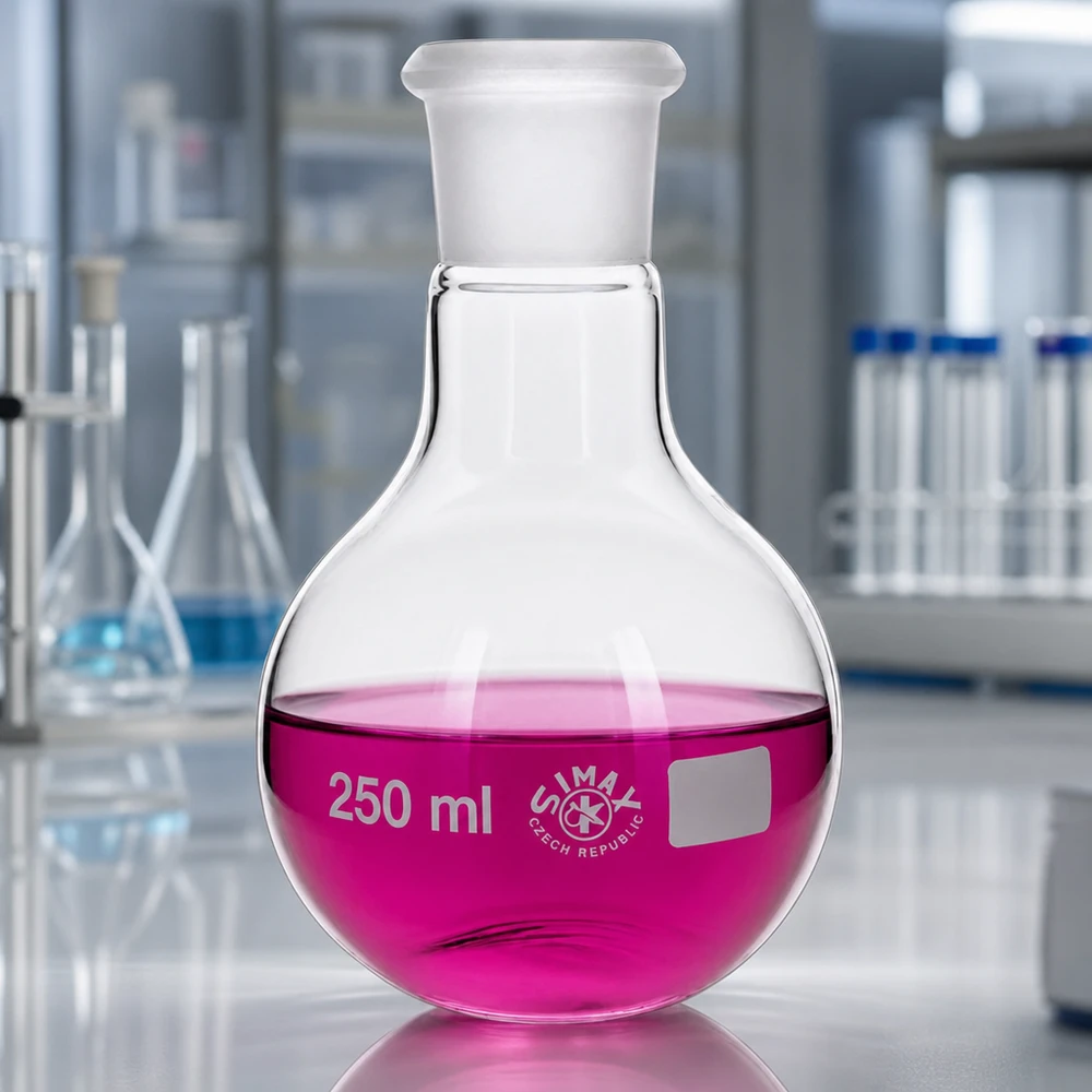 Platbodem kolf 250ml wijde hals borosilicaat met slijpstuk 29/32 Maatkolf 250ml van transparant glas met standaard slijpstuk 29/32