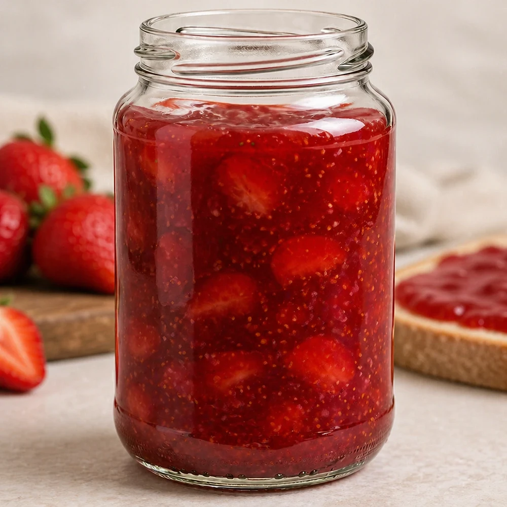 UNiTWIST Runda375 ronde pot 375ml TO63 gevuld met zelfgemaakte aardbeienjam naast verse aardbeien en brood