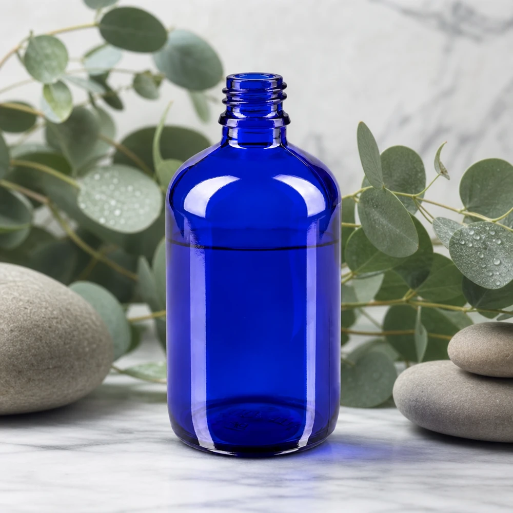 Blauwe glazen fles 100ml Mondgeblazen blauwe ApoGlas fles 100ml met nauwkeurig schroefdraad voor veilig opbergen