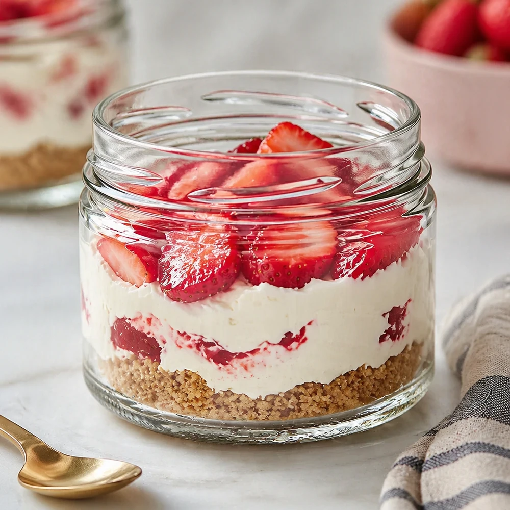 540ml rond glas zonder deksel (TO100) UNiTWIST UNiTWIST Runda540 bekers 540ml TO100 gevuld met gelaagd dessert aardbeien mascarpone koekjesbodem dessert recept