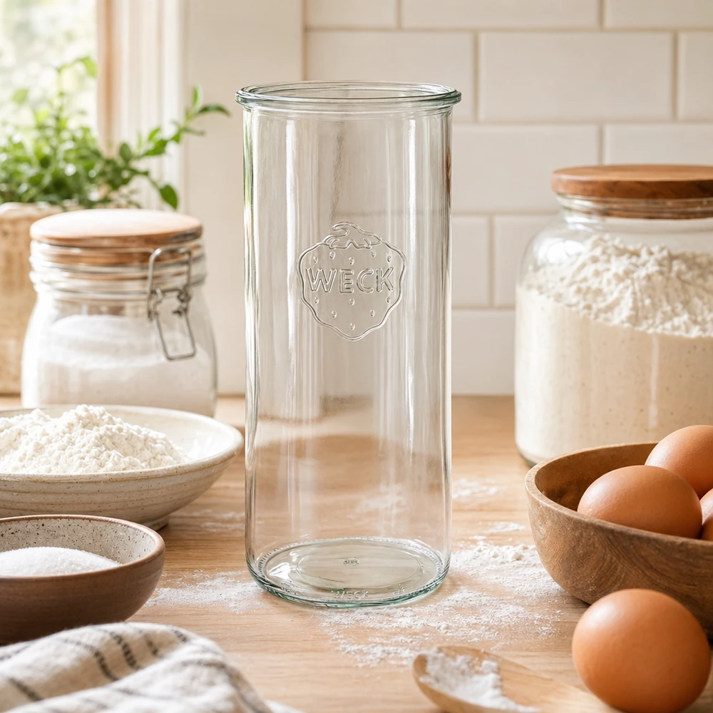 1500ml WECK RR100 glazen voorraadpot in een rustieke keuken met eieren en bloem op een houten werkblad