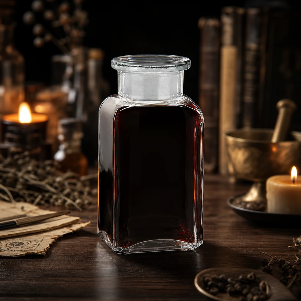 Vierkant-apothekersfles 100 ml wijde hals helder glas incl. glazen stop Vierkante fles met brede hals, 100 ml, helder glas met platte glazen stop, voor het bewaren van kruidenextract
