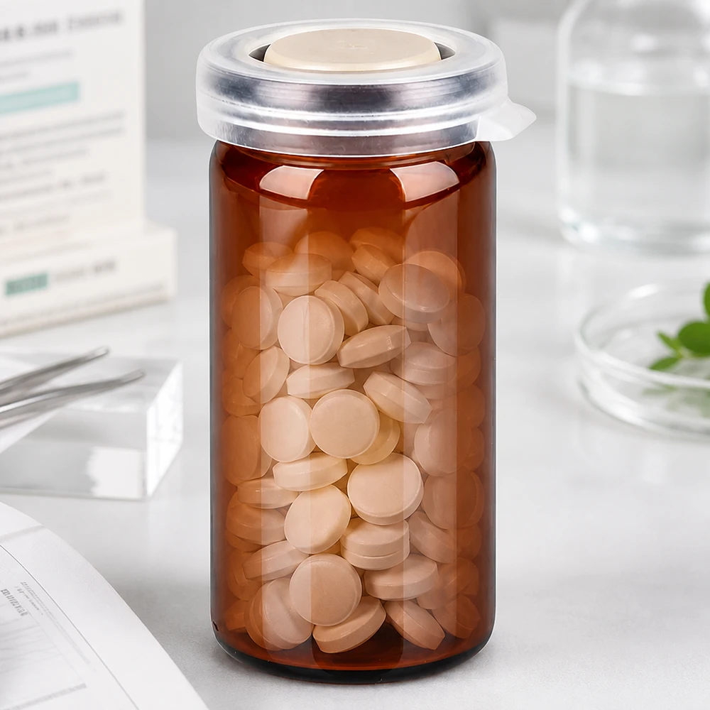 Klein tabletbuisje van 10 ml van bruin glas met een doorzichtige schroefdop op een witte achtergrond