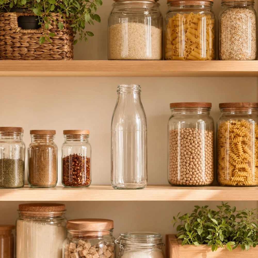 500ml fles zonder deksel (TO48) UNiTWIST 500ml Glasflasche TO48 UNiTWIST in moderner Vorratsküche zwischen Gewürzgläsern und Pasta-Behältern auf Holzregalen