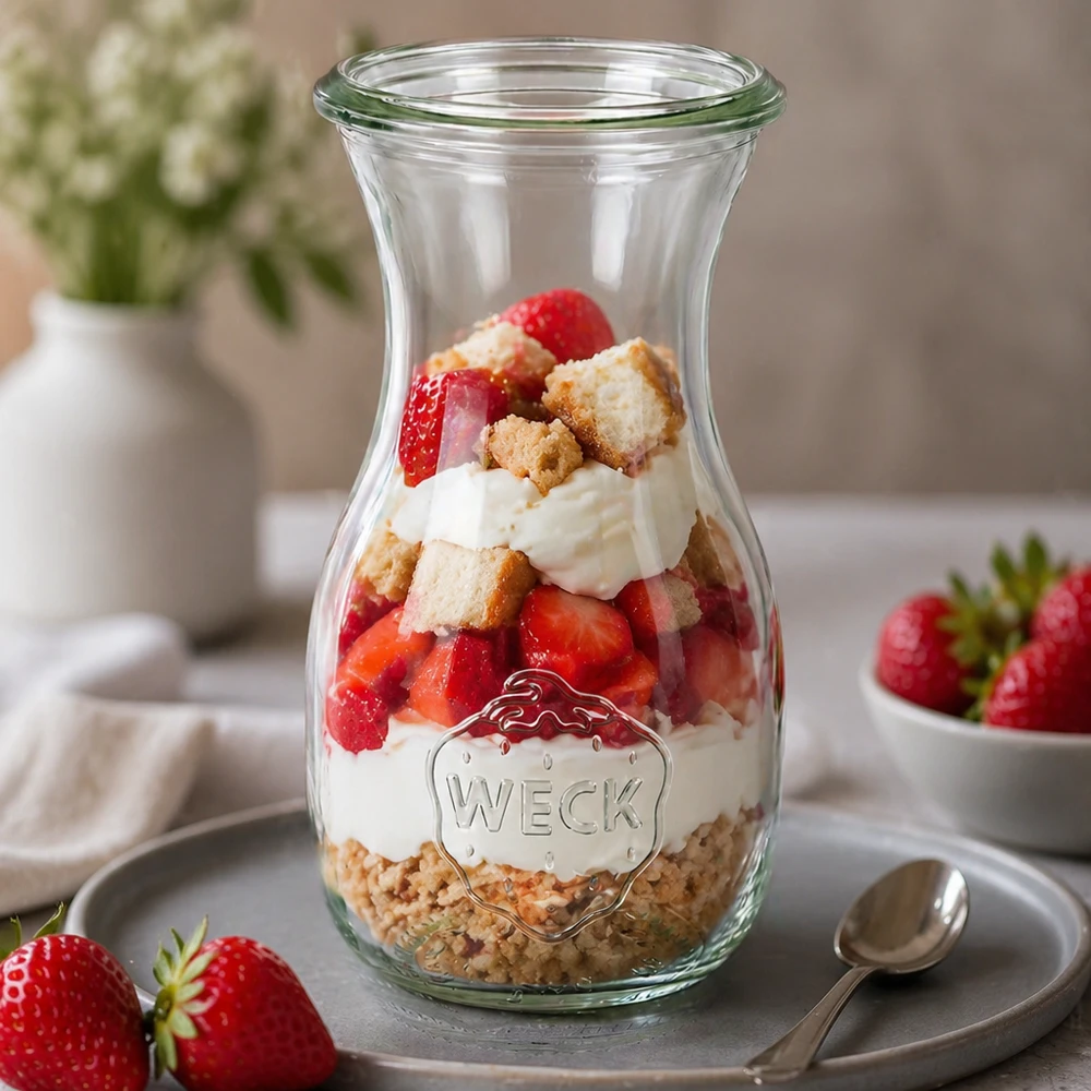 WECK RR60 sapfles van 290 ml WECK sapfles 290ml RR60 als dessertpot gevuld met aardbeien, slagroom en koekjes gedecoreerd op een grijs bord