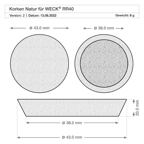 Technische tekening WECK kurkstop RR40 met afmetingen 38mm 43mm diameter 20mm hoogte Natuurlijke kurkstop