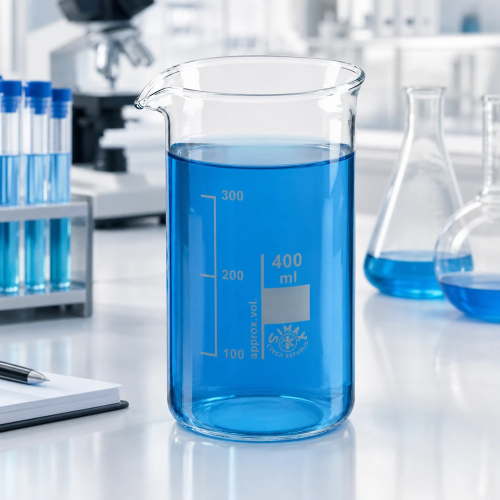 Bekerglas 400 ml van hittebestendig borosilicaatglas (hoog model) Chemieglas van 400 ml, hoog model, gevuld met een blauwe oplossing; schaalverdeling tot 300 ml zichtbaar