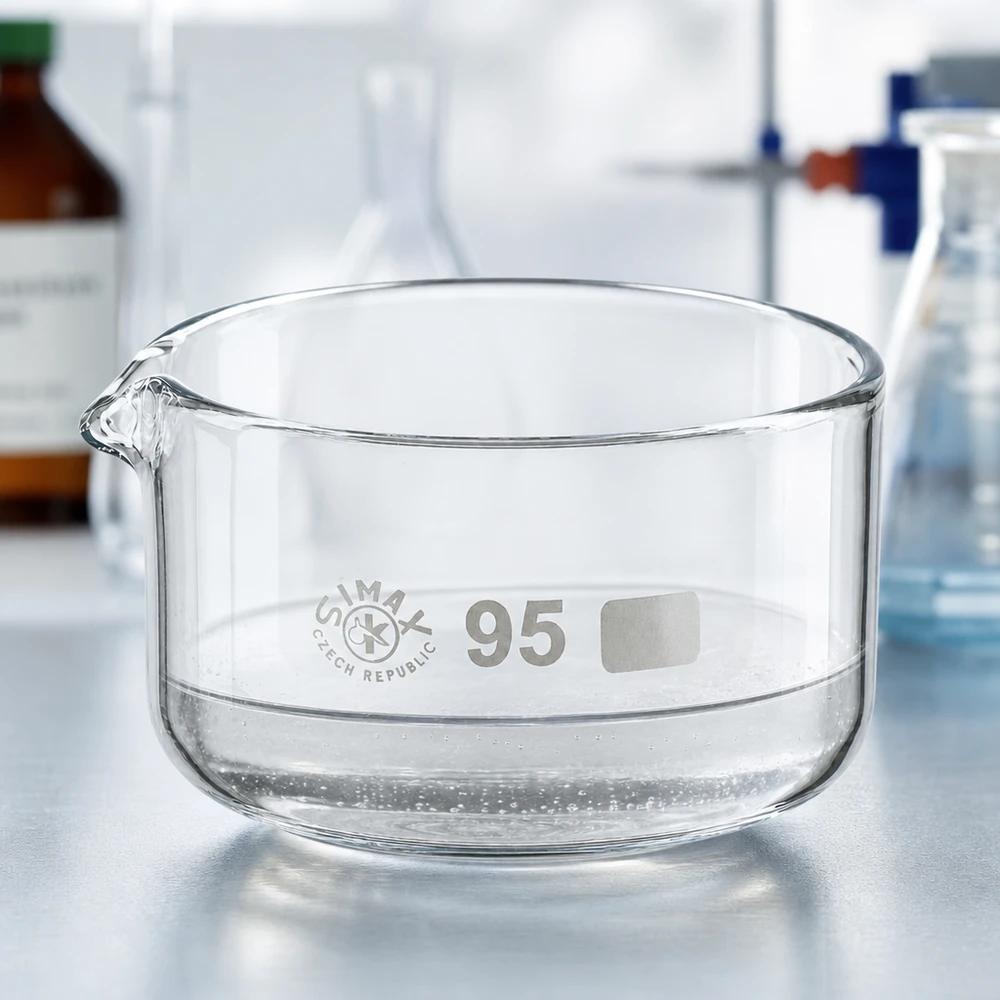 Kristalliseerschaal 300ml met schenktuit Glazen schaal voor verdamping en kristallisatie, 300 ml, vlakke bodem, brede opening, schenktuit 95 mm