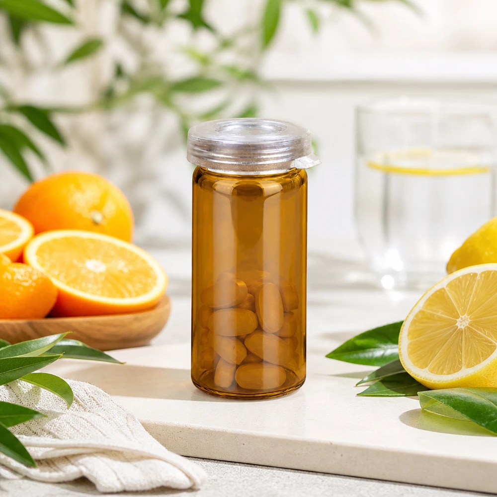 5ml tablettenglas helder glas incl. klikdeksel (rolrand glas) Cilindrisch glas met gerolde rand van 5 ml in bruin glas, gevuld met vitaminetabletten en citrusvruchten