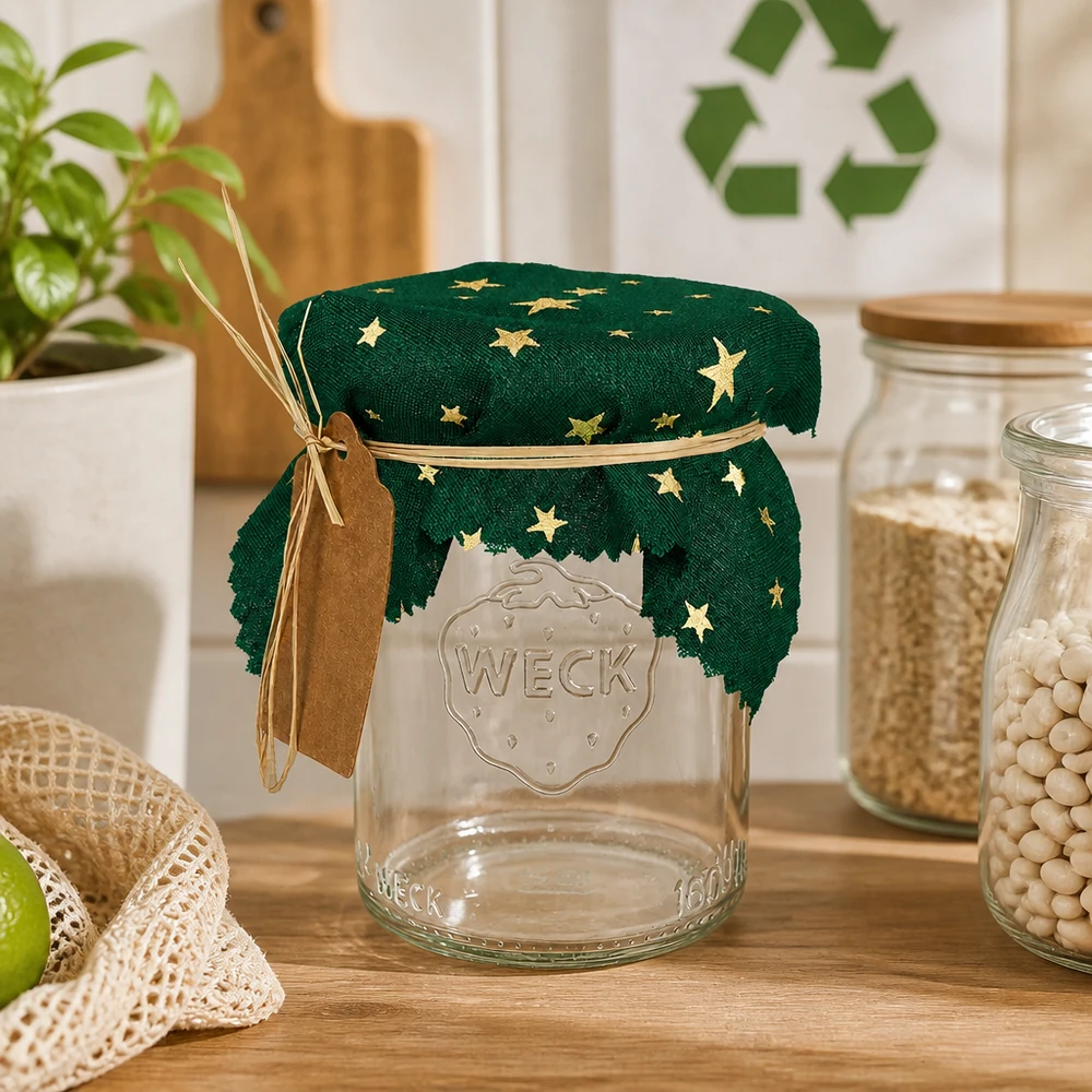 Stoffen doily sterren groen 120x120mm vierkant Groene sterdoek met raffia lint en hanger aan Weck pot in duurzame keuken 12cm vierkant