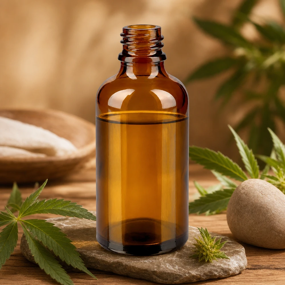 Bruine glazen fles 50ml 50ml bruine ApoGlas apothekersfles op stenen bord met cannabisbladeren en natuurlijke producten Spa sfeer