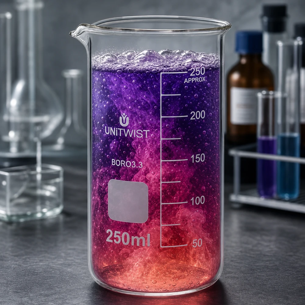 Beker 250ml borosilicaat, hoge vorm UNITWIST Chemielaboratoriumbekerglas van 250 ml, hoog model, met felrode en paarse inhoud
