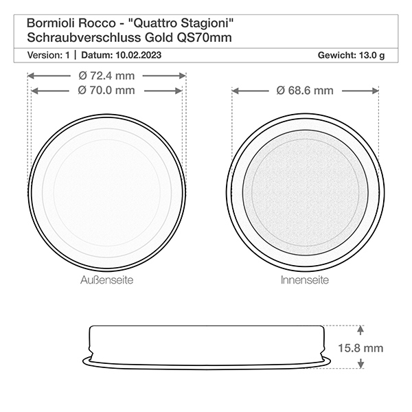 Technische tekening Quattro Stagioni 700ml deksel afmetingen 72,4mm buitendiameter QS70 schroefdop goud Bormioli Roc
