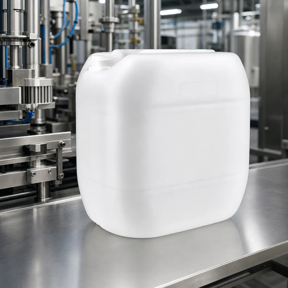 30l jerrycan, UN-toelating, zonder schroefsluiting Grote jerrycan van 30 liter zonder deksel, doorschijnend wit, met een ergonomische draaggreep aan de bovenkant