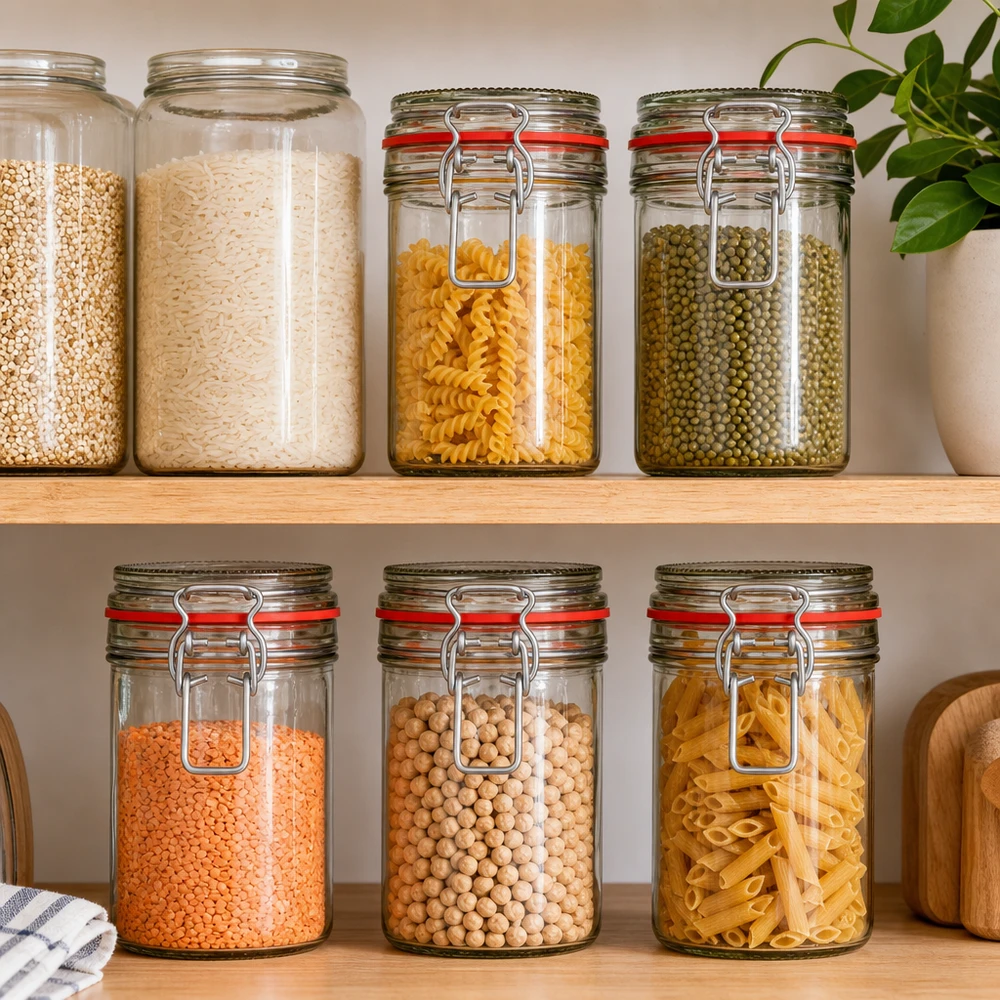272 ml voorraadpot type G met beugelsluiting UN.. Voorraadpotten met draaidop gevuld met pasta rijst linzen kikkererwten georganiseerde keuken voorraadkast