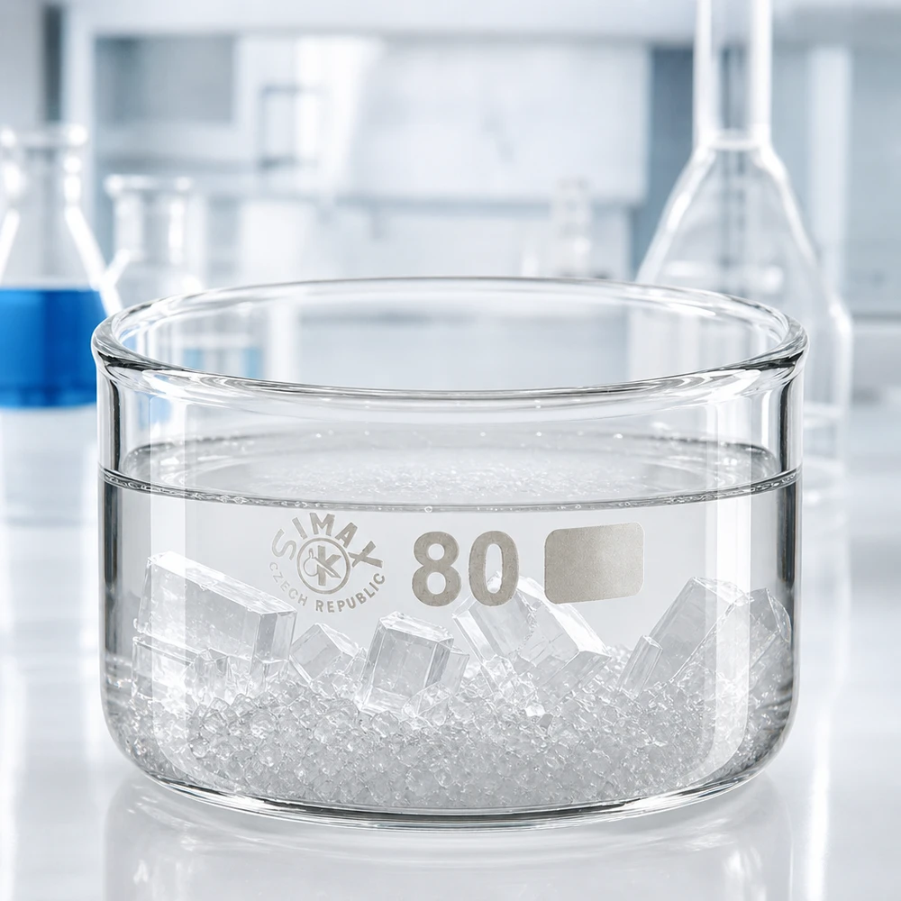 Lage kristallisatieschaal van laboratoriumglas met witte kristallen en heldere vloeistof, 80 mm