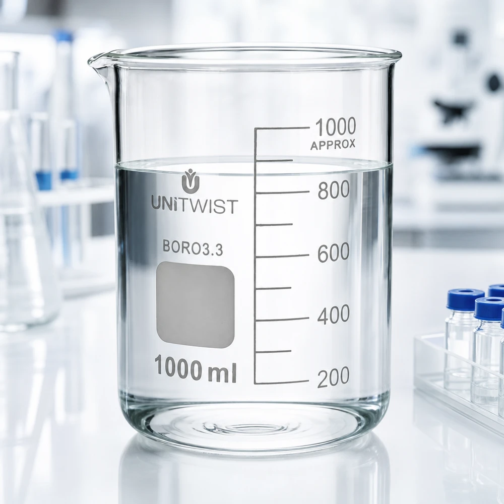 Professioneel laboratoriumglas 1000 ml van hittebestendig borosilicaat 3.3 met lage handgreep