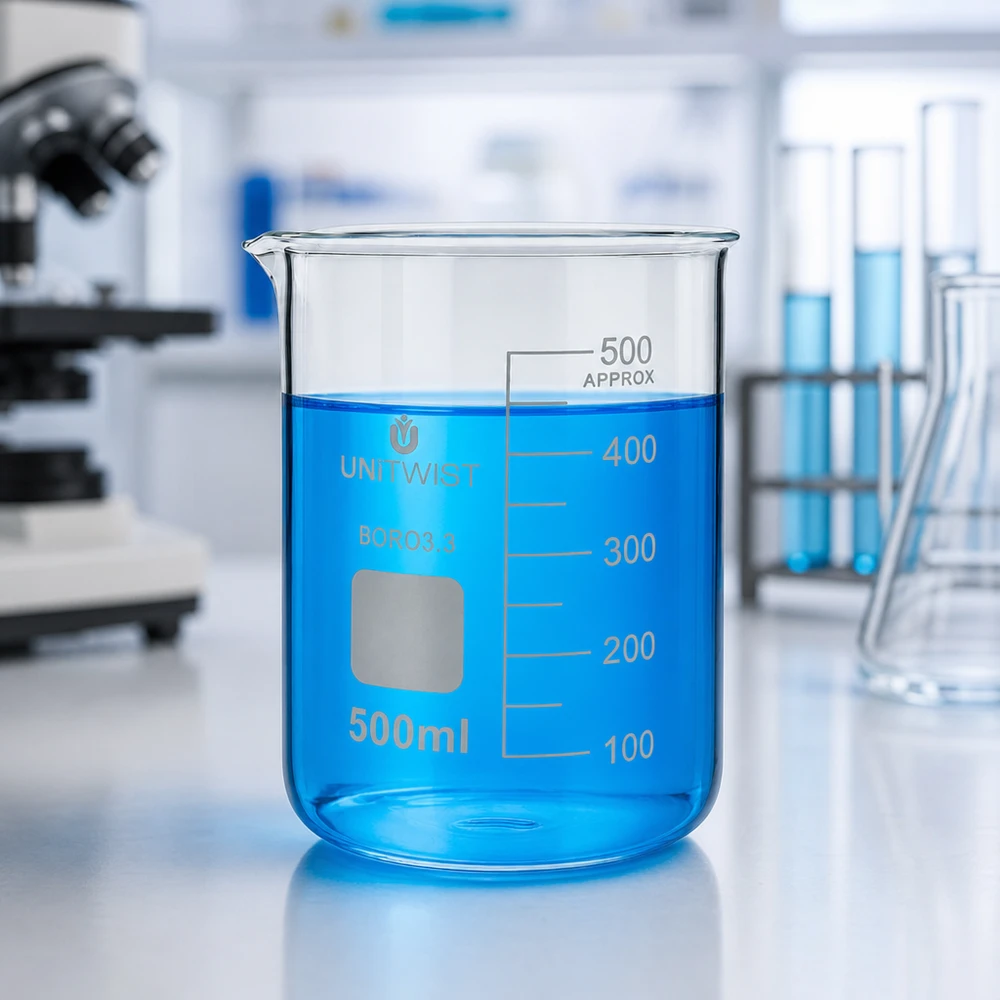 Lage laboratoriumbeker van 500 ml met een gelijkmatige cilindrische vorm en een versterkte rand