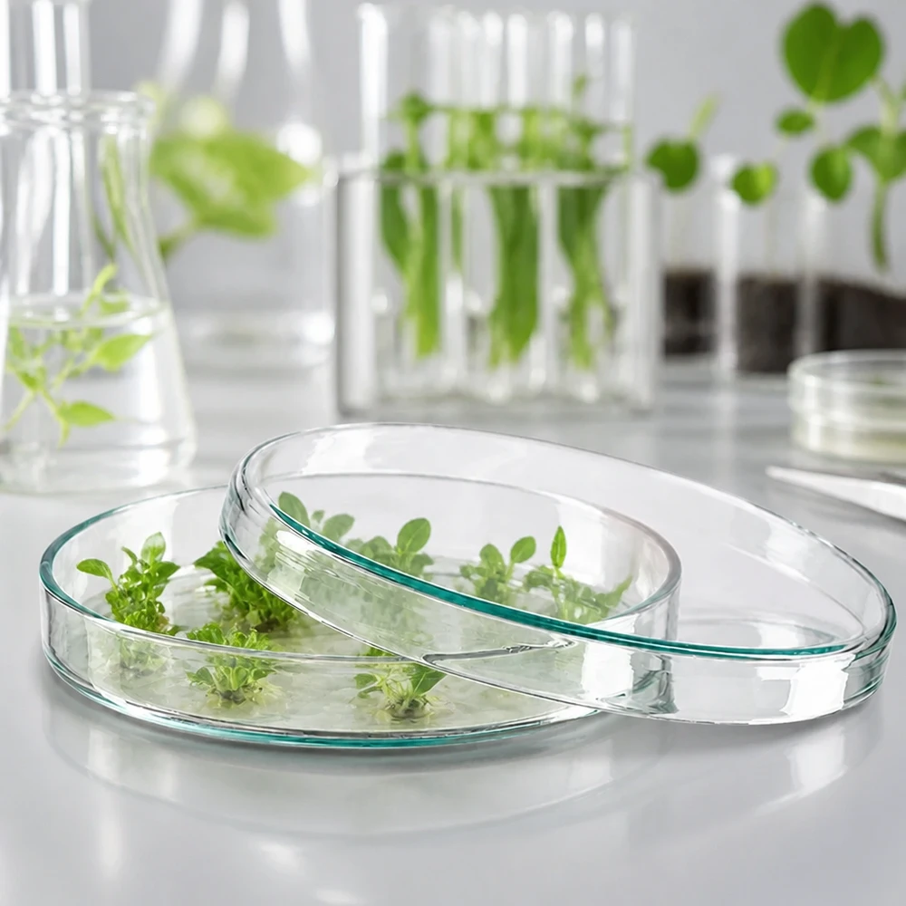 Petrischaal van glas, 100 x 10 mm, voor plantenbiotechnologie, naast reageerbuisjes