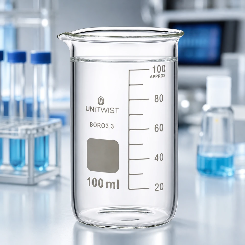 Beker 100ml borosilicaat, hoge vorm UNITWIST Hoog bekerglas 100 ml, borosilicaat, UNITWIST, met nauwkeurige ml-schaalverdeling en schenktuit, transparant