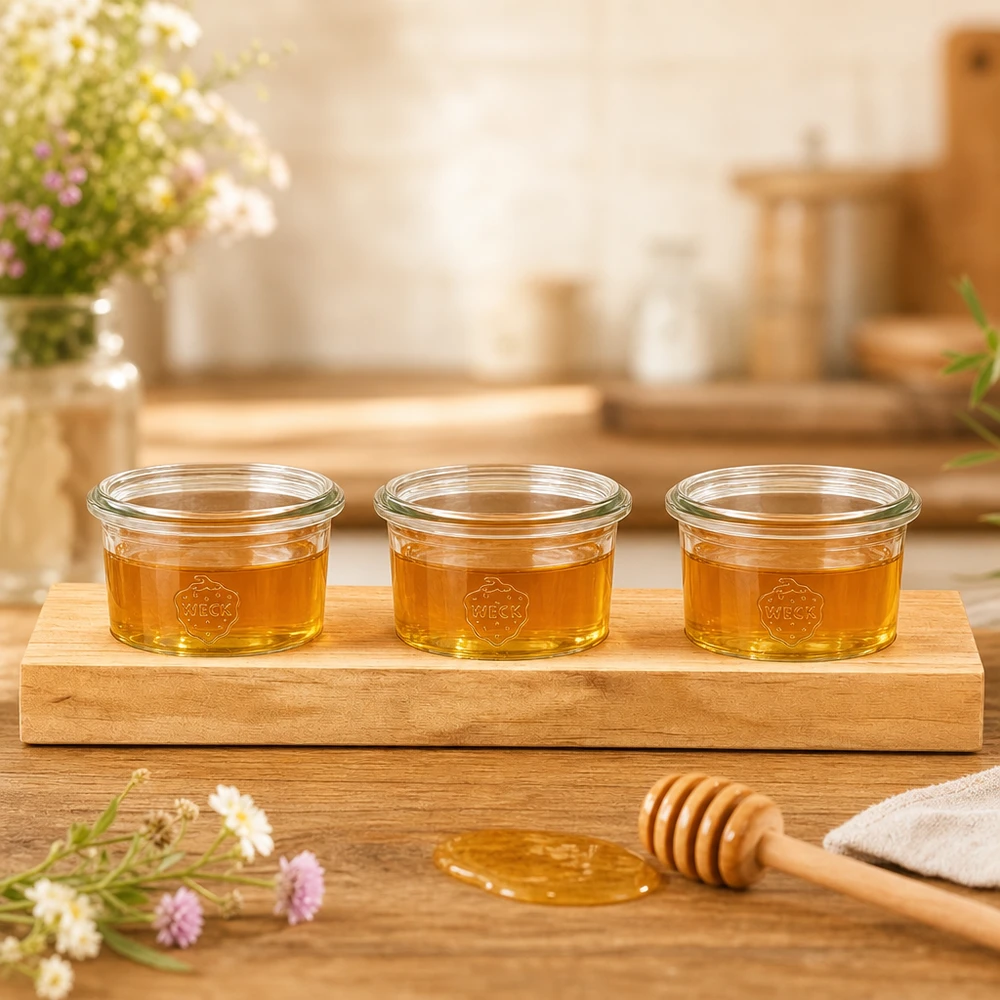 Serveerplank Plano3 met 3 Weck-glazen van 80 ml Serveerplank Plano3 met 3 Weck bekers 80ml gevuld met gouden honing naast honinglepel op houten tafel