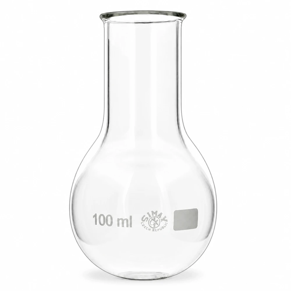 Platbodem kolf 100ml wijde hals borosilicaat met afgeronde rand Rondbodemkolf met brede hals 100 ml met ergonomische kolfvorm voor veilig gebruik in het laboratorium