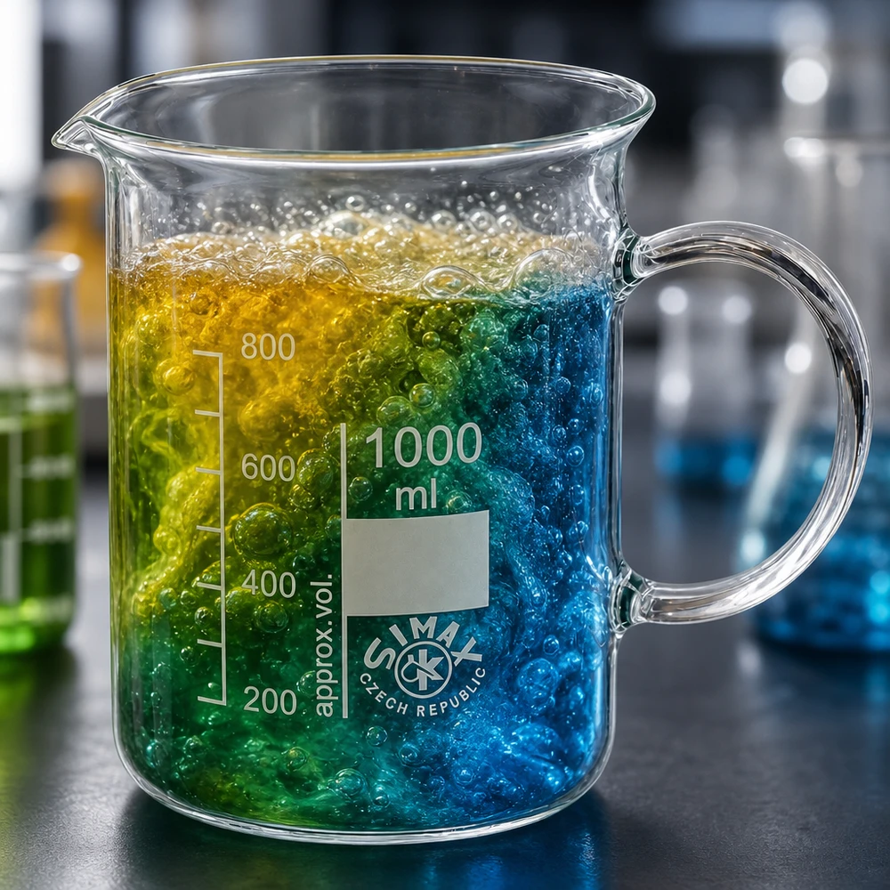 Bekerglas 1000 ml van hittebestendig borosilicaatglas met handvat Becherglas met handvat, inhoud 1000 ml, gevuld met een meerlaagse, kleurrijke laboratoriumvloeistof