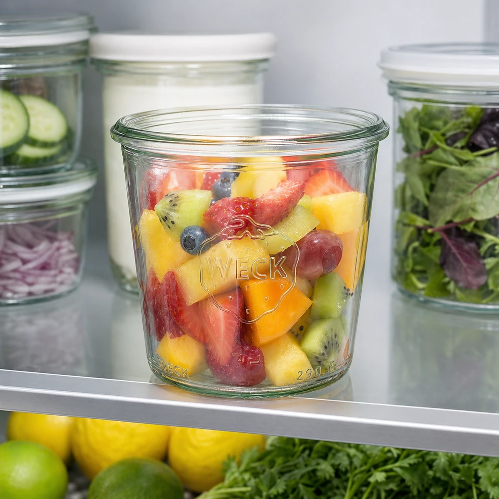 290 ml hoog weckglas WECK RR80 290ml WECK hoge RR80 bekers gevuld met kleurrijke fruitsalade in de koelkast naast andere inmaakpotten