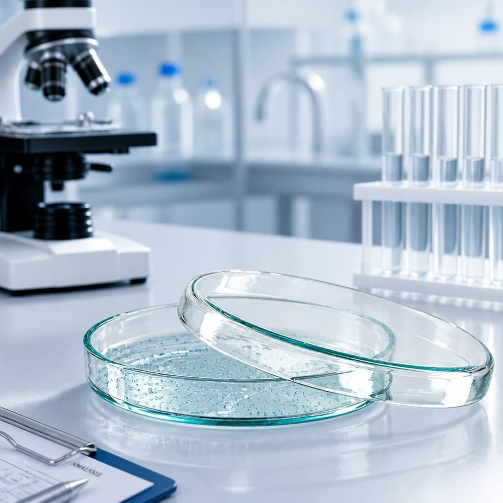 Doorzichtige glazen petrischaal van 90 x 15 mm met vochtig agar-kweekmedium voor celkweek in het laboratorium