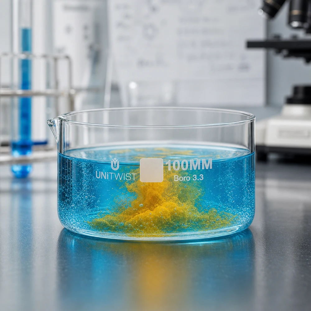 UNiTWIST laboratoriumglas 100 mm kristallisatieschaal mengproef gele neerslag Boro 3.3