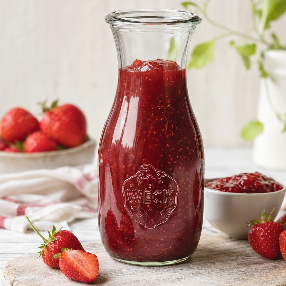 WECK RR60 sapfles van 530 ml 530ml WECK sapfles RR60 gevuld met aardbeienjam naast gesneden aardbeien en witte schaal